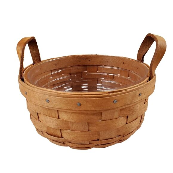 LONGABERGER Round Leather Handles Basket with Plastic Protector - Picture 1 of 10